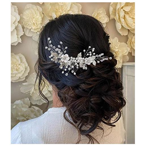 Unicra cerchietto per capelli da sposa con fiore di vite, accessorio per capelli da sposa e da sposa (argento)
