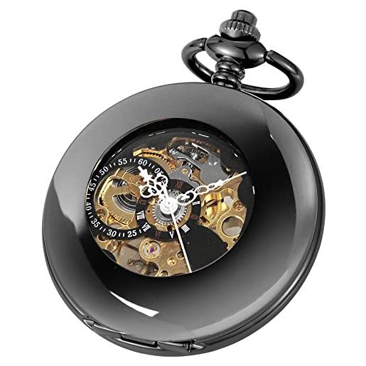 Tiong orologio da tasca vintage meccanico steampunk orologio da tasca scheletro numeri romani con catena ciondolo e scatola regalo migliori regali, nero , retrò