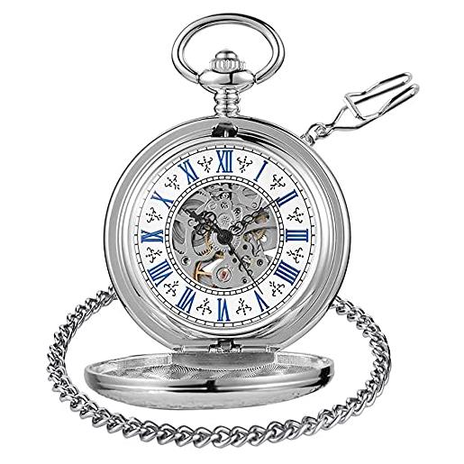 Tiong orologio da tasca vintage meccanico steampunk orologi da tasca scheletro numeri romani con ciondolo a catena e confezione regalo migliori regali, silver&white, classico