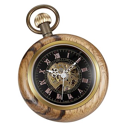 Tiong orologio da tasca meccanico elegante in legno di rame con quadrante aperto, numeri romani, ciondolo vintage per uomini e donne con catena e scatola regalo regalo regalo di natale, marrone e nero. 