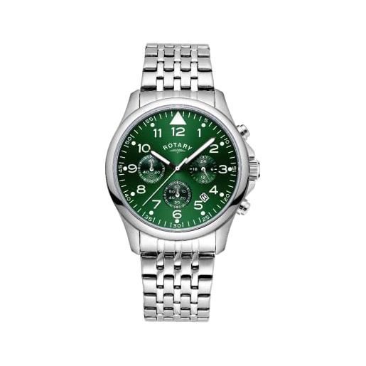 Rotary gb00475/56 - orologio analogico al quarzo da uomo, cronografo, con quadrante verde e cinturino in acciaio inox argentato, bracciale