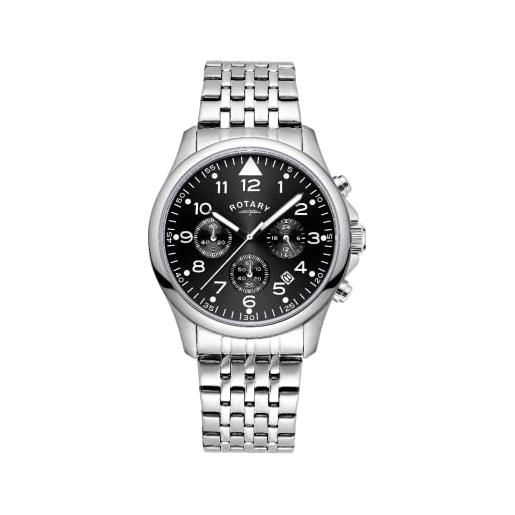Rotary gb00475/19 - orologio analogico al quarzo da uomo, cronografo, con quadrante nero e cinturino in acciaio inox argentato, bracciale