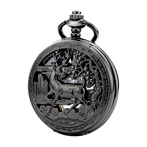 TREEWETO vintage orologio da tasca meccanico doppia copertura caso cava scheletro steampunk cervo caso uomo donna, nero