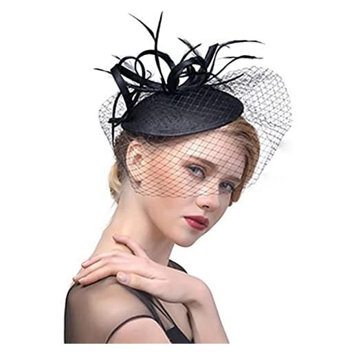 Fashband fascinator, cappello nero con velo in rete con piume, fascia per capelli con fiore ascot, accessori per capelli da sposa per