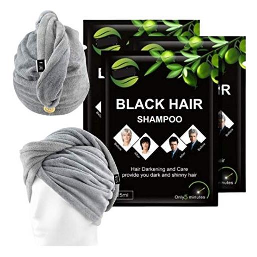 Generisch well4u - shampoo black hair + utile mf-haarturban (asciugamano con bottone) per un'asciugatura rapida nel set, shampoo contro i capelli grigi, shampoo nero per copertura dei capelli grigi
