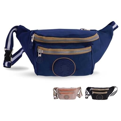KUNKUN Marsupio Donna Elegante in PU Pelle Blu - Borsa a Tracolla Media con Tracolla Larga 5 cm e Portafoglio