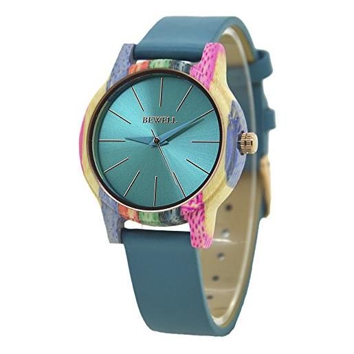 BEWELL orologio da donna in legno, movimento al quarzo colorato in legno handmade fashion watches braccialetto da polso staccabile (blu)