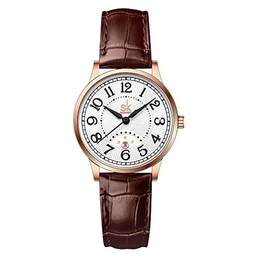 SHENGKE sk business classic orologio da donna con cinturino in vera pelle e acciaio inox, elegante orologio da donna, oro rosa-marrone, classico