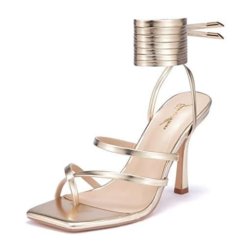 GENSHUO donna sandali a spillo con lacci, con anello a punta, sexy sandali con tacco alto con allacciati a punta quadrata per feste di nozze stiletto high heels nero 37.5 eu