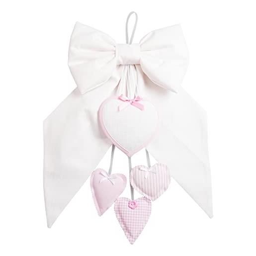 Filet amp3024r-fiocco nascita bianco con cuoricini pendenti rosa, un cuore in tela aida da ricamare, cotone, ideale da appendere per annunciare la nascita di una bambina, 100% made in italy