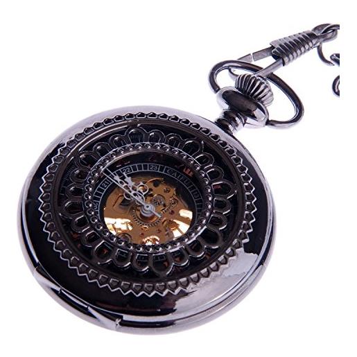 ShoppeWatch skeleton orologio da tasca catena meccanico vento mano con bronzo red numeri romani mezza hunter vintage antique look - pw33