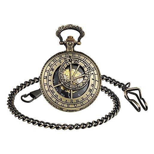 MICGIGI - orologio da taschino meccanico unisex, con 12 costellazioni, scheletro, con catena, bronzo, classico