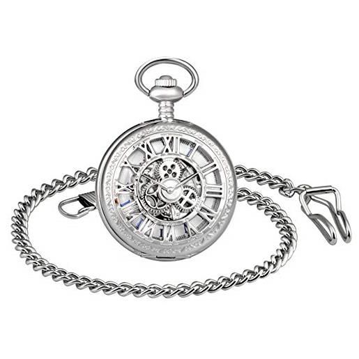 MICGIGI orologio da taschino meccanico unisex a carica manuale, con catena (argento)