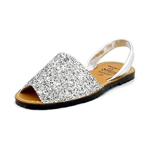 Avarca sandali da donna con glitter e lustrini in pelle, argento glitterato, 40 eu