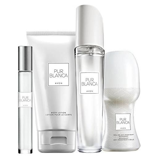 Avon pur blanca - set profumo, 4 pezzi: spray eau de parfum, lozione per il corpo, deodorante, profumo floreale, sacchetto regalo natalizio