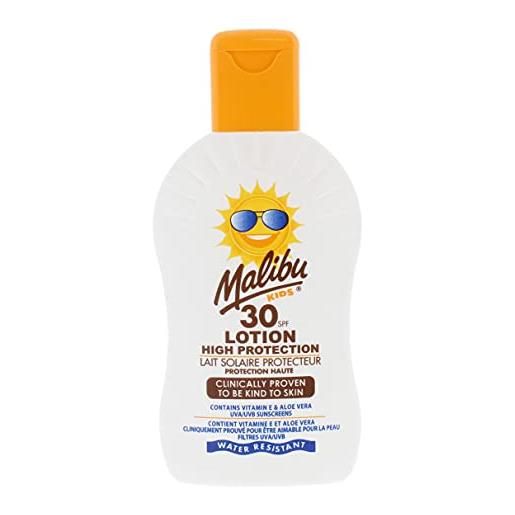 Malibu sun kids spf 30 lozione, crema solare ad alta protezione, resistente all'acqua, vitamina e e aloe vera arricchita, 200 ml