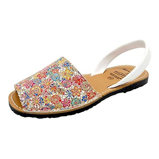 Avarca sandali da donna in pelle menorca scarpe con fiori colorati, bianco floreale, 39 eu