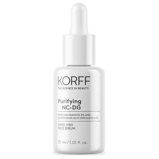 Korff purifying nc-dg siero viso, riduce la produzione di sebo e l'effetto lucido, trattamento che riduce pori e impurità, uniforma l'incarnato, packaging sostenibile, formato 30ml
