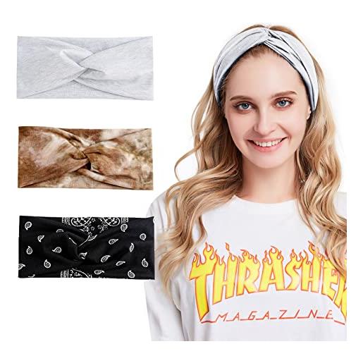 LumiSyne 3 pezzi fascia per capelli donna nodo a torsione cerchietti larga turbante elastica tergisudore fasce per capelli di cotone per jogging yoga datazione trucco