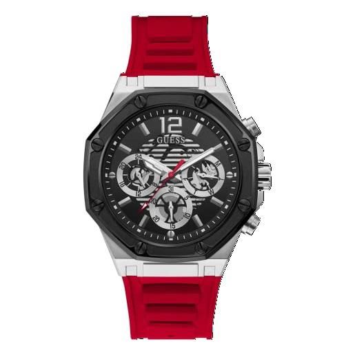 GUESS men's sport octagonal multifunction 44mm stainless steel quartz watch with silicone strap, red, 22 (model: gw0263g3)