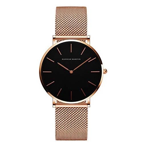 HANNAH MARTIN orologio da polso donna ultra sottile quarzo acciaio inossidabile (quadrante nero，cinturino oro rosa)