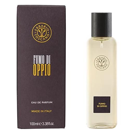 Erbario toscano, eau de parfum, fragranza fumo di oppio, profumo da 100 ml, product from tuscany, packaging sostenibile, made in italy. 