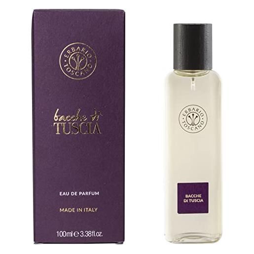 Erbario toscano, eau de parfum, fragranza bacche di tuscia, profumo da 100 ml, product from tuscany, packaging sostenibile, made in italy. 