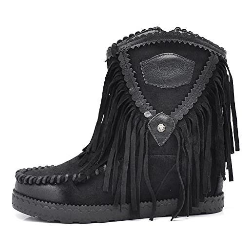 IF fashion scarpe stivali stivaletti indianini da donna con frange zeppa 9851 nero n. 40
