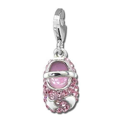 SilberDream - ciondolo a forma di scarpetta da bebè, con strass di cristalli e zirconi di colore rosa, in argento 925, per collane, braccialetti e orecchini gsc554a