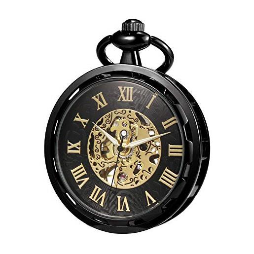 TREEWETO orologio da tasca con catena da uomo, analogico, meccanismo di carica manuale, viso aperto, scheletro, movimento