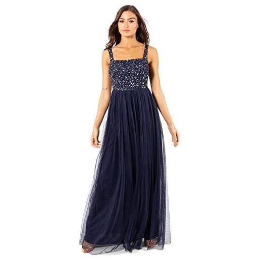 Maya Deluxe maxi abito da donna con spalline larghe senza maniche e scollo quadrato impreziosito per matrimoni e balli vestito per damigella d'onore, marina militare, 40