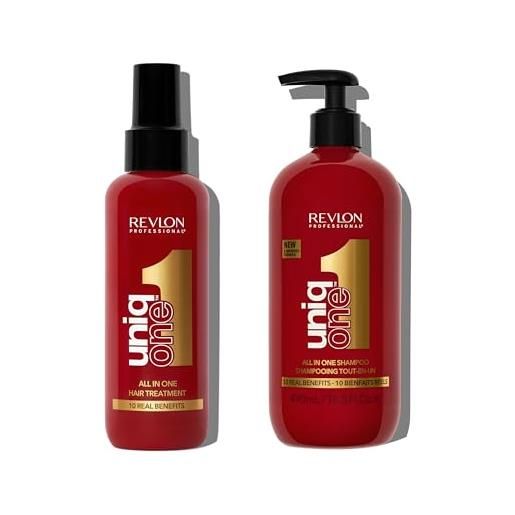 Revlon professional uniq. One all in one shampoo+spray capelli, shampoo professionale tutti i tipi di capelli, 490ml + trattamento senza risciaquo, idratante e protettivo 150ml, fragranza classica