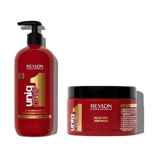 Revlon Professional uniq. One all in one shampoo+maschera capelli, shampoo professionale tutti i tipi di capelli, 490ml + maschera idratante e anti crespo, 300ml, fragranza classica