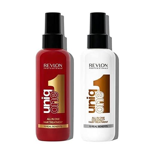 Revlon Professional uniq. One trattamento per capelli senza risciaquo, all in one, profumazione classica 150ml + cocco 150ml, 2 pezzi