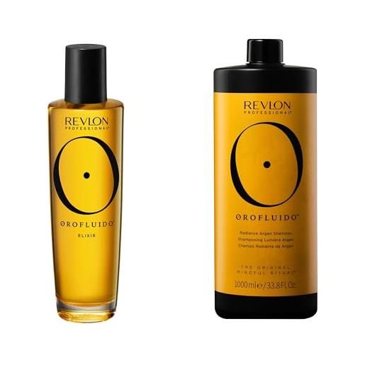 Revlon professional orofluido olio di argan elixir capelli+shampoo, trattamento nutriente con olio di argan vegano, 100ml + shampoo idratante e lisciante, per la lucentezza dei capelli, 1000ml