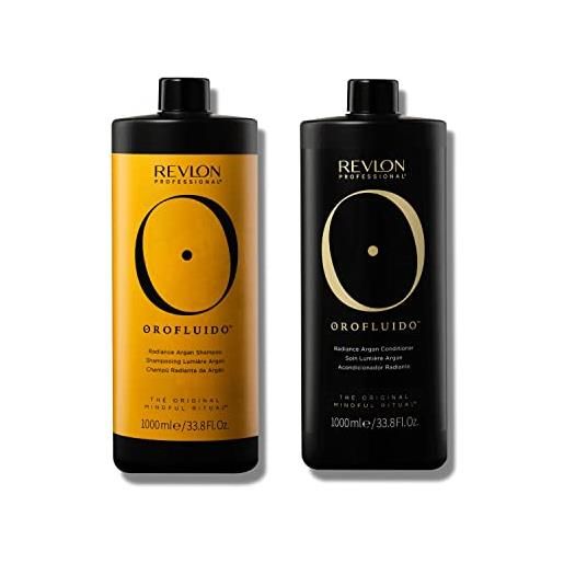 Revlon professional orofluido olio di argan shampoo+balsamo, shampoo idratante e lisciante con olio di argan, 1000ml + balsamo idratante con olio di argan, per la riparazione dei capelli, 1000ml