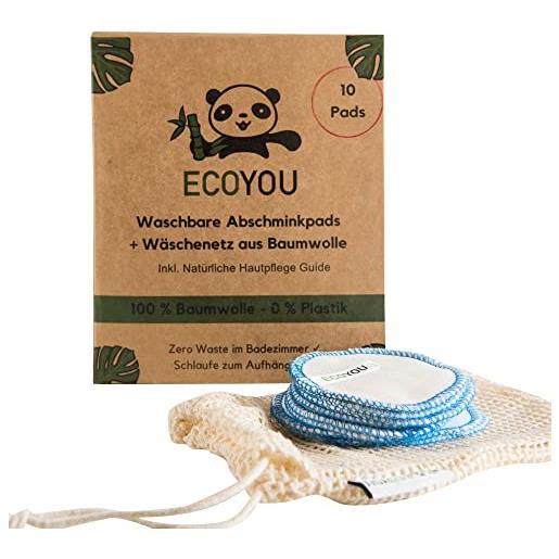 EcoYou - dischetti struccanti lavabili in cotone biologico - pads rimuovi trucco in cotone riutilizzabili 10 pezzi, cura del viso sostenibile per le donne, con sacchetto in cotone, colore: blu