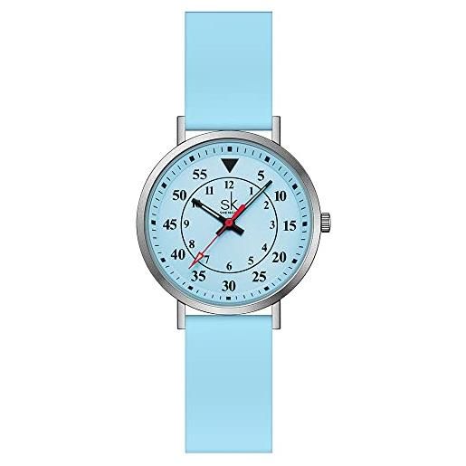 SHENGKE sk, orologio da donna ultra sottile, alla moda, sportivo, resistente al sudore, con quadrante di facile lettura e cinturino in silicone colorato, azzurro chiaro