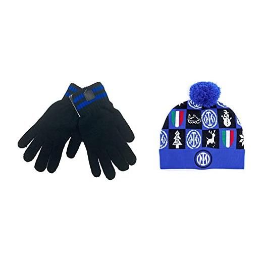 Inter guanto maglia brush prodotto ufficiale official merchandising, nero, taglia unica & cappellino di natale, xmas 2021_beanie, berretto unisex, adulto, taglia unica, blu