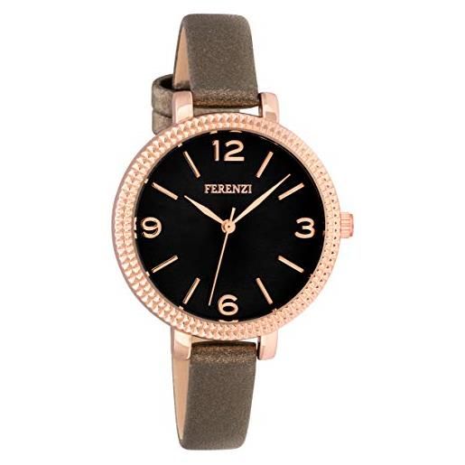 FERENZI donna | orologio moda con cinturino fino in pelle marrone scuro metallizzato & cassa 34 mm | fz21302