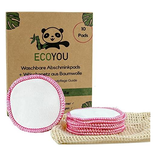 EcoYou - dischetti struccanti lavabili in cotone biologico - pads rimuovi trucco in cotone riutilizzabili 10 pezzi, cura del viso sostenibile per le donne, con sacchetto in cotone, colore: rosa