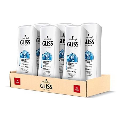 Gliss schwarzkopf Gliss, balsamo purifica e protegge, balsamo anti inquinamento, per capelli appesantiti, con complesso anti-ossidante e semi di moringa, confezione da 6 pezzi x 200 ml