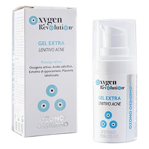 Oxygen Revolution gel extra lenitivo acne a base di ossigeno-ozono per acne e brufoli con acido salicilico, placenta idrolizzata, ippocastano, profonda penetrazione nella pelle, 15ml, trasparente