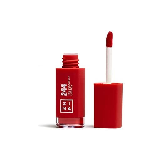 3ina makeup - the longwear lipstick 244 - rosso - rosetto rosso chiaro con acido per nutrire le labbra - rossetto opaco lunga durata altamente pigmentato - vegan - cruelty free