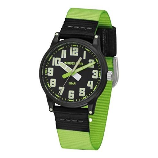 JACQUES FAREL orologio da polso per bambini, analogico, al quarzo, con cinturino in tessuto, verde, nero, con elementi luminosi klm 03, verde, cinghia