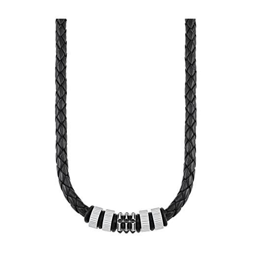 s.Oliver collana da uomo in pelle con colletto acciaio inossidabile, 47+3 cm, nera, fornita confezione regalo per gioielli, 2027437