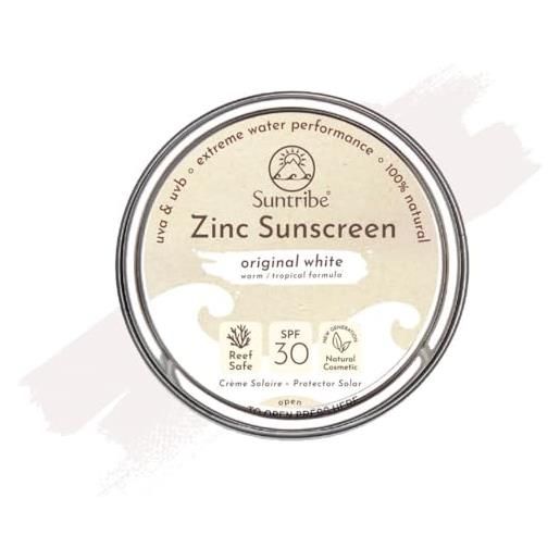 Suntribe crema solare minerale zinco fps 30 Suntribe - 45 g, originale bianco, biologico - 100% naturale, sicuro per i coralli - surf & sport - filtro uv minerale - molto resistente all'acqua, rifiuti zero