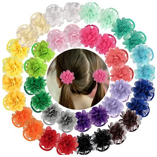 MiDoDo 40 pezzi elastici, accessori per capelli bambina fiore di chiffon neonate senza cuciture cravatte di nastro elastico 2''