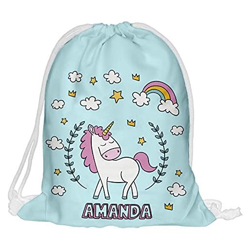 Ferocity 010 - sacca da palestra per bambini, con il nome stampato, borsa in iuta, per fitness, tema gatti unicorni, unicorn cloud, s