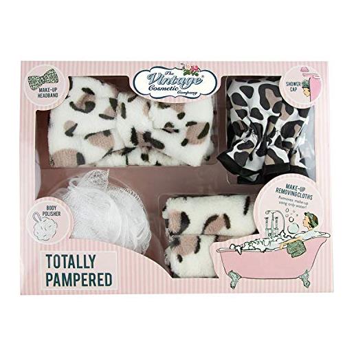 The Vintage Cosmetic Company totally pampered leopard print gift set make-up remover cloths shower cap make-up headband relax and pamper